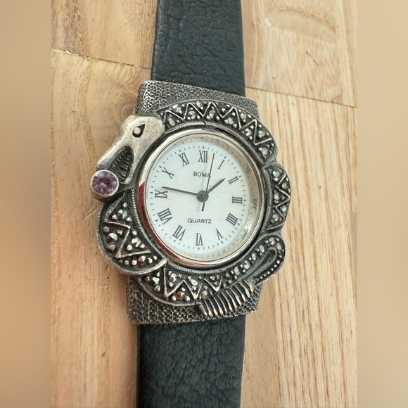 Rare Boma ladies 925 Sterling silver serpent black leather watch NEW BATTERY main image 7